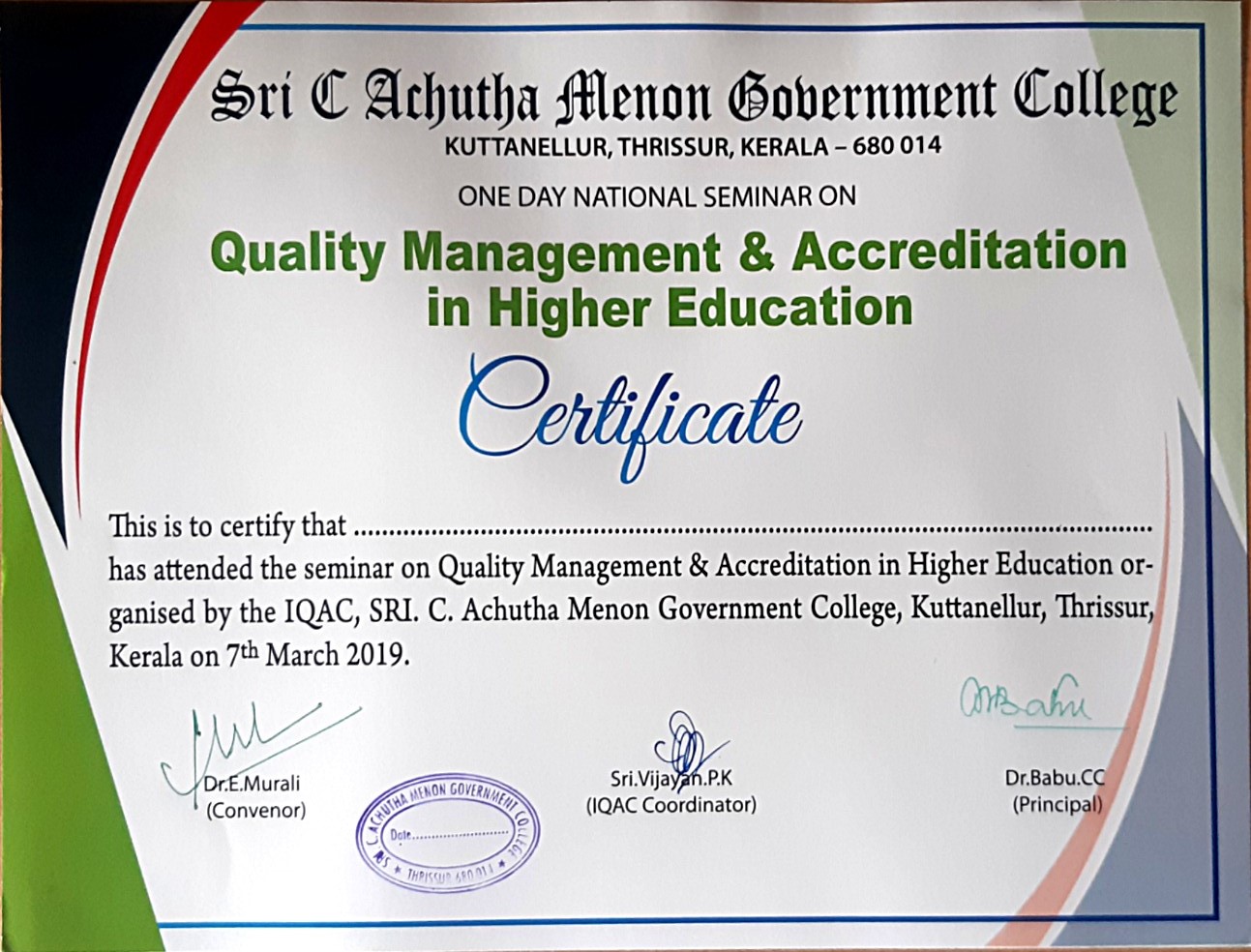 Certificate For One Day National Seminar Sri C Achutha Menon 